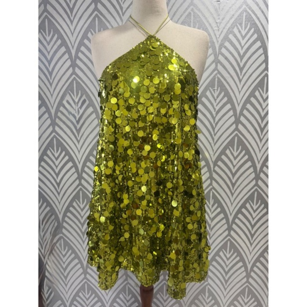 Princess Polly Fluorescent Party Sequin Halter Mini Dress Green Backless US 2 - Picture 3 of 8